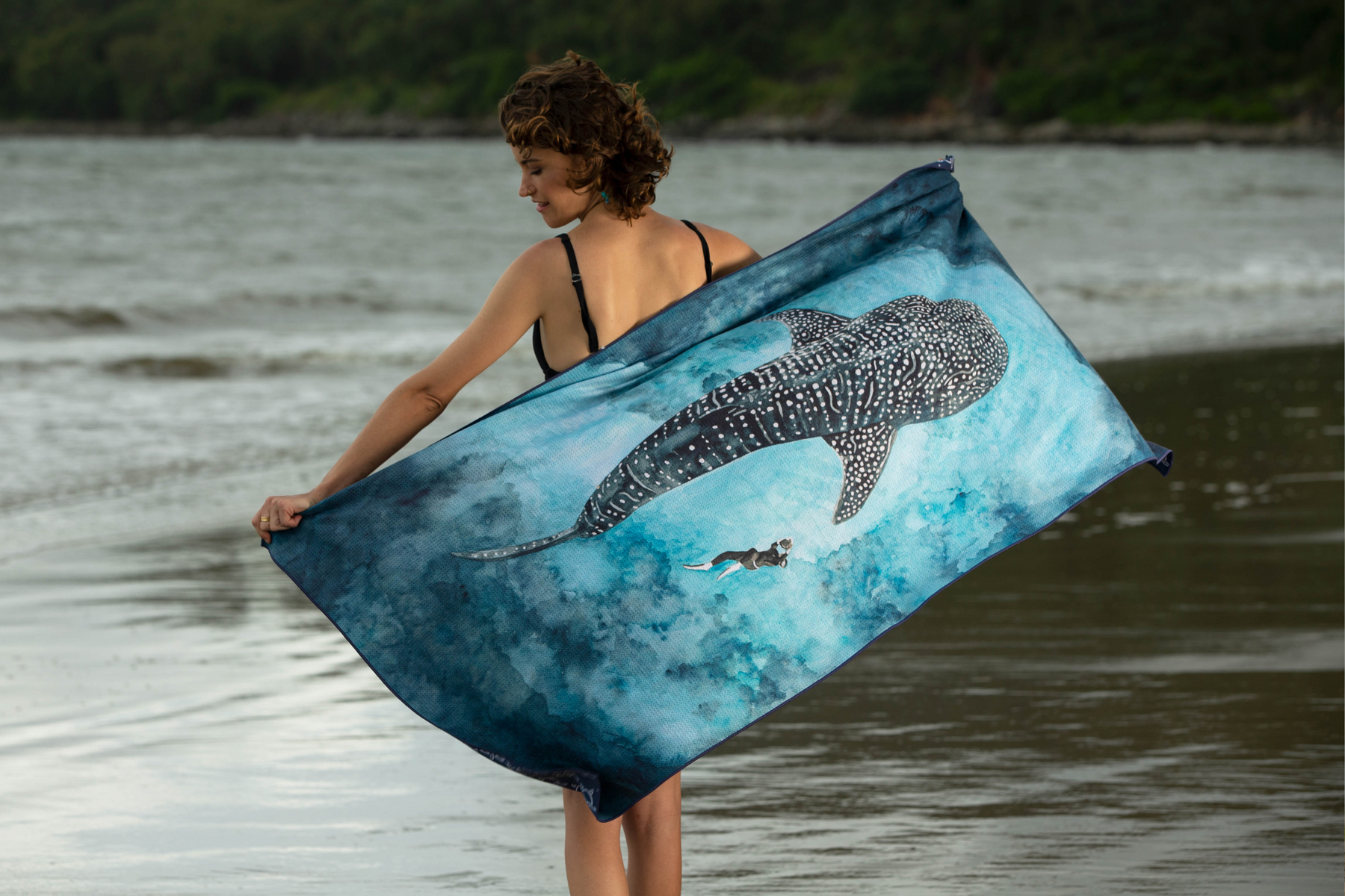 Quick drying beach towel featuring a whale shark design